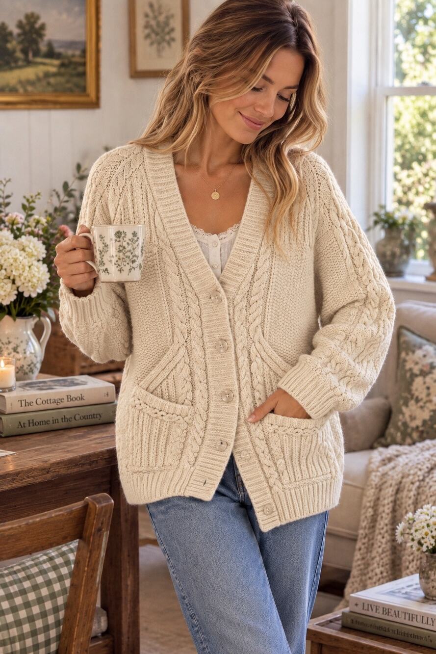 Sundance Cream Fisherman Cable Knit Chunky Cardigan Sweater M Old Money Heritage